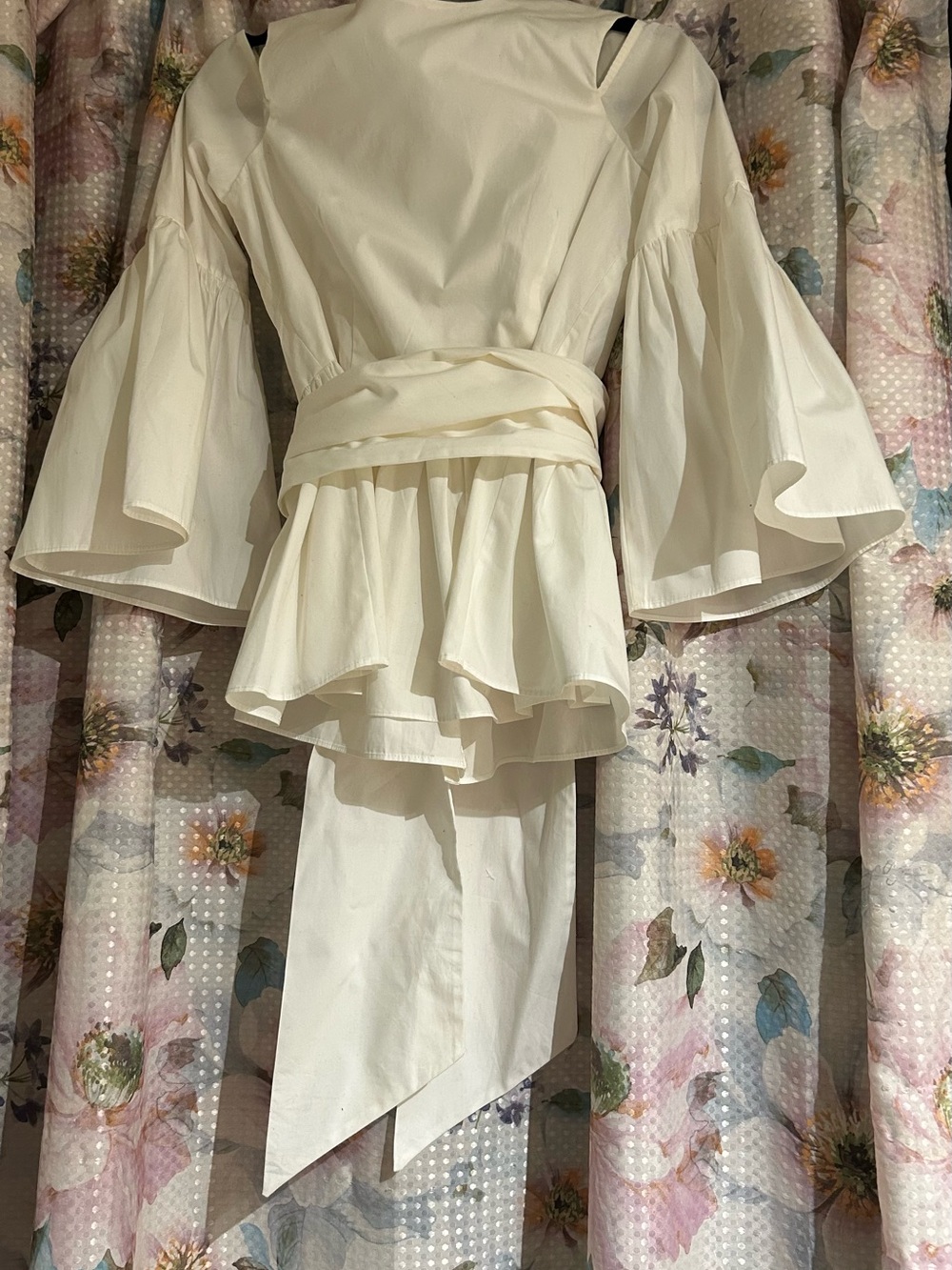 ASOS White Peplum Buttons in-back top with open shoulders and bell sleeves